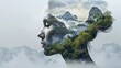 Double exposure combines a woman's face, high mountains and forest. Panoramic view. The concept of the unity of nature and man. Dream, reminisce or plan a climb. Memory of a mountaineer. Illustration.