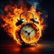 A classic alarm clock engulfed in fierce flames against a dark background, illustrating urgency or running out of time.. AI Generation