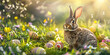 Cute bunny with colorful painted Easter eggs in the forest Concept of happy Easter day aster background Spring flowers easter bunny and easter eggs