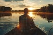 Generative AI : Young man fishing on a lake from the boat at sunset