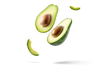 Poster - Generative AI : Avocado with cut half sliced flying in the air isolated on white background.