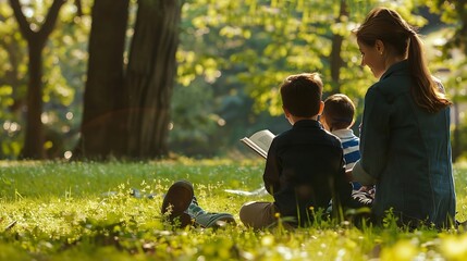 Poster - Generative AI : Children and education, young woman at work as educator reading book 