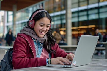 Poster - Generative AI : Young adult happy smiling Hispanic Asian student wearing headphones talking on online 