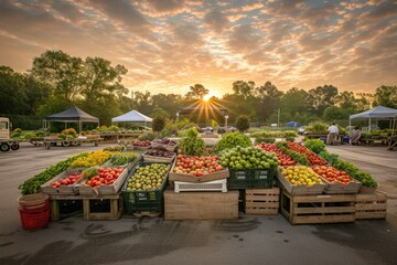 Wall Mural - An early morning farmers market scene, bustling with vendors and customers, fresh produce on display, capturing the essence of local commerce and community. Resplendent.