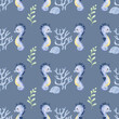 Cute Sea ​​horse Seamless Pattern on blue gray background illustration