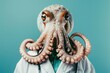 An octopus with large, expressive eyes wearing a doctor's coat and stethoscope over a teal background.