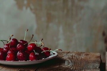 Poster - Generative AI : Cherries with water drops in a plate on wooden table.