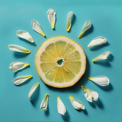 Wall Mural - Sun made of lemon and yellow flower petals on bright blue background. Fruit summer minimal concept.