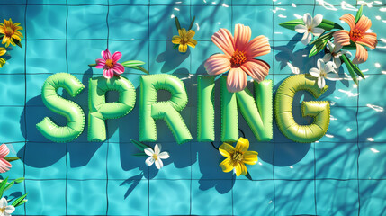 Spring season background with swimming pool water with spring word written with green inflatable pool floats on blue water and flowers