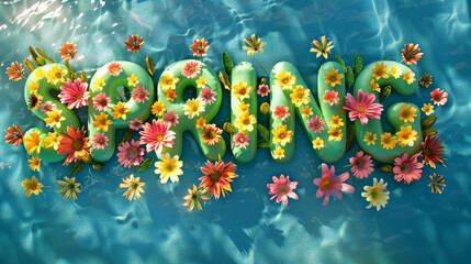 Spring season background with swimming pool water with spring word written with green inflatable pool floats on blue water and flowers