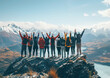 A group of friends are celebrating on the top of an alpine mountain, overlooking vast landscapes and lakes at sunrise
