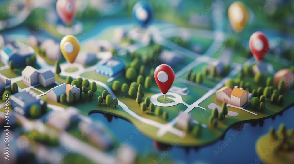 Community Mapping: A 3D vector illustration of a map with pins marking ...
