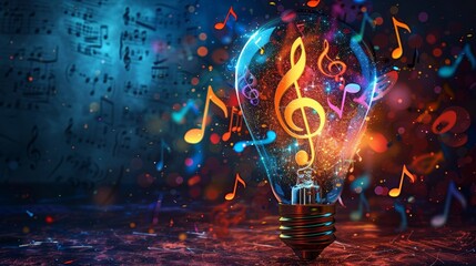 Wall Mural - Creativity and Design: A 3D vector illustration of a lightbulb with musical notes and instruments inside