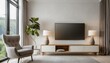 Sleek Entertainment Hub: Visualizing a Wall-Mounted TV and Cozy Armchair Ensemble in a Minimalist Living Room