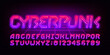 Cyberpunk alphabet font. Neon color futuristic letters and numbers. Stock vector typescript for your design.
