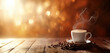 Banner with steaming Cup of Coffee with Scattered Beans on a Wooden Table against a Warm Bokeh Background. Generative AI
