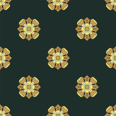 Wall Mural - Seamless pattern with hand drawn yellow classic floral rosette motifs on a dark green background
