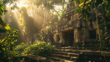 An Ancient Ruins Site Surrounded By Lush Greenery And Bathed In Warm Sunlight Filtering Through The Trees