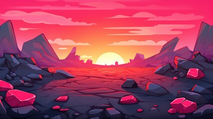 Wall Mural - cartoon landscape with a setting sun casting a warm glow over jagged mountains and rocky terrain