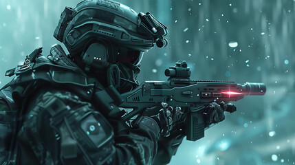 soldier equipped with modern technology weapons, futuristic army soldier 