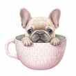 An adorable illustration of a fawn-colored French bulldog puppy with large expressive eyes, comfortably nestled in a pink teacup with a knitted design.