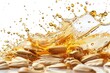 Close shot of splashing sunflower oil with sunflower seeds on a clean white backdrop with a big space for text or product, Generative AI.