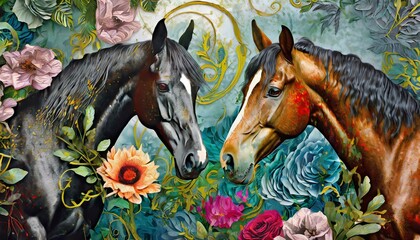 horse in the woods, wallpaper texted animal Plants, animals, horses, metal elements, texture background, modern paintings