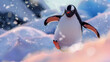 A penguin is running through the snow. The scene is bright and cheerful, with the penguin's black and white coloration contrasting against the white snow. the penguin in a jumping in front of snow