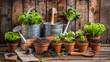 © Mariya Sorvacheva - Gardening in action: seedlings and tools.