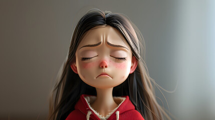 Sticker - Sad upset disappointed depressed indian cartoon character girl young woman female person with closed eyes in 3d style design on light background. Human people feelings expression concept