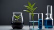 Blue plant in glass test tube in laboratory on grey background .Generative AI