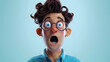 Portrait of surprised shocked scared cartoon character adult man male person wearing casual blue shirt in 3d style design on light background. Human people feelings expression concept