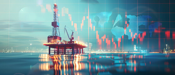 Poster - Abstract background, technical graph, oil rig in the background. Oil investment concept