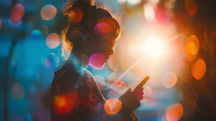 Poster - Silhouette of a person using a mobile phone. Bokeh background.