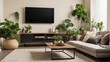 A living room with a TV, coffee table, sofa, rug, plants, and other decorations

