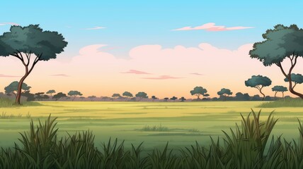 Wall Mural - Serene Sunset in Cartoon Wilderness: A Vibrant Nature Landscape Illustration