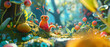 Produce a captivating 3D cartoon of an omnivorous character exploring its surroundings, with room for accompanying text