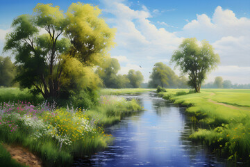 Wall Mural - landscape with trees and river
