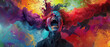 Surreal comic portrait in midscream, splattered by rainbow hues, energy unleashed, 3d render