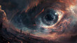 Monstrous cosmic eye with radiating dark energy, small figures in awe, chilling gothic art, 3d render, 8k