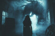 Haunted by nightmares, a girls trembling form freezes at the sight of the dark silhouette haunting her dreams