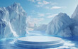 iceberg crystal podium stage over frozen water with snow mountain background