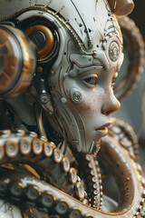 Macro photography of a biomechanical octopuswoman, photorealistic and intricate with Caravaggio lighting, captured using Octane Render for a minimalist, epic look