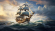 18th century sailing ship in ocean with waves and sky. Adventure and travel