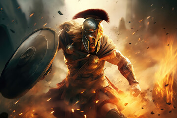 Wall Mural - Spartan Greek warrior in helmet and armor with shield in aggressive attack in battle