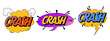 Cartoon explosions comical speech bubbles in trendy retro style. Crash text