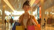 Detailed realistic digital artwork of a casual-clad, unrecognizable woman holding multiple shopping bags in a spacious mall with soft lighting.
