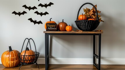 Halloween-themed still life with pumpkins and bat decorations on a modern console table.