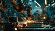  A robot is working on a piece of metal, surrounded by sparks and smoke. The scene is intense and action-packed, with the robot's movements and the sparks creating a sense of urgency and excitement