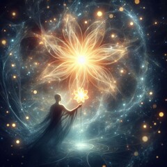 Wall Mural - A solitary figure cloaked in mystery holds a luminous flower, standing against a backdrop of swirling cosmic energy and twinkling stars.. AI Generation